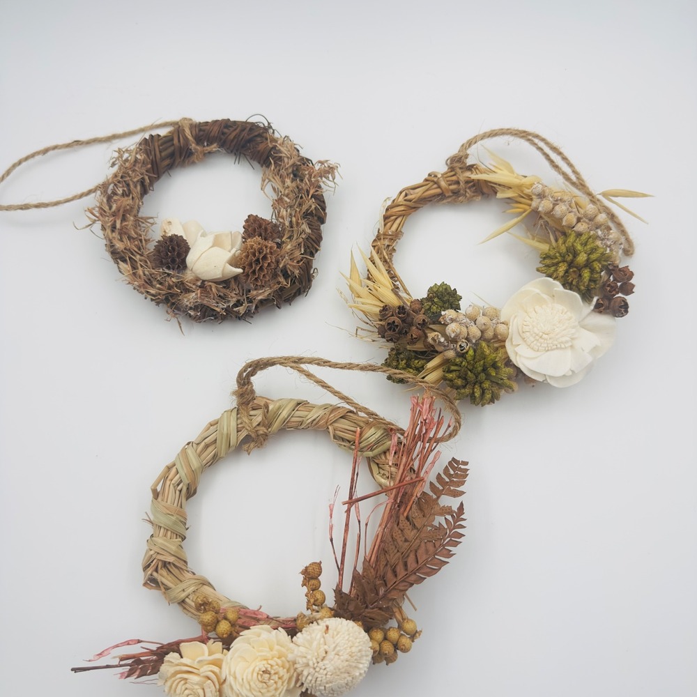Set of 3 Mini Dried Flower Wreaths Natural Straw Vine Boho Wall Decor Ornaments